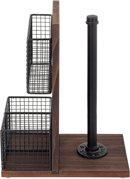 MyGift Rustic Burnt Solid Wood and Industrial Matte Black Metal Dining Combination Caddy with Paper Towel Roll Dispenser Stand, Napkin Holder, and Spice Rack