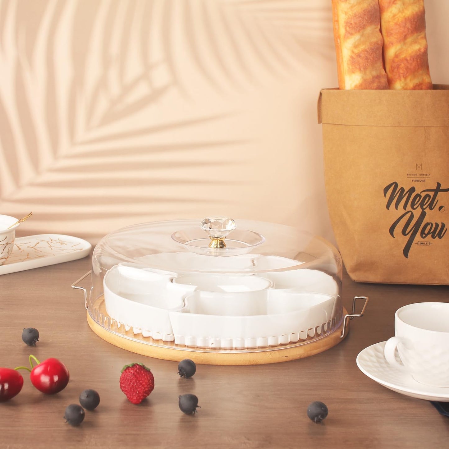 Divided Snack Tray with Lid, 5 Removable Snack Deli Containers with 4 Forks for Party Serving Plate, Fruit Tray with Dips, Snacks, Reusable for Meal Prep, 12.6 Inch