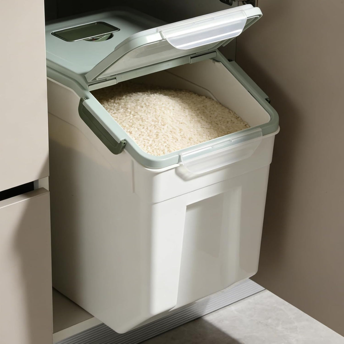Rice Storage Container 25 lbs, Grey, 2 Pack | Airtight, with Wheels, Locking Lid, Measuring Cup Included, for Flour Sugar Grain Cereal