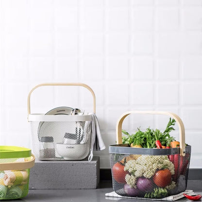 Mesh Steel Storage Organizer Basket Fruit Basket Bin with Wood Handle Ideal for Kitchen Bathroom Picnic Baskets Pantry Cabinets Storage Home Decor (White)