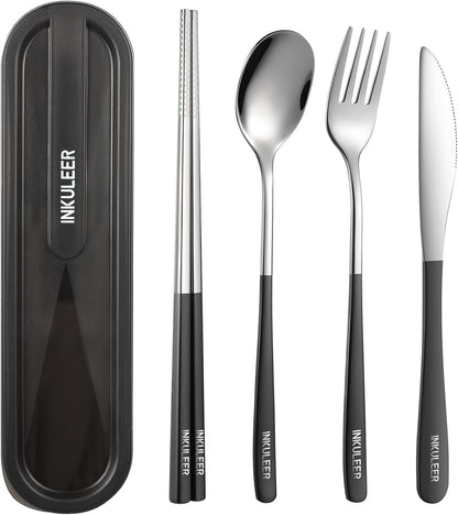 Travel cutlery set, 18/8 stainless steel cutlery, Reusable utensils set with case, Portable Silverware Lunch Box for Camping and Office (Green/knife set)