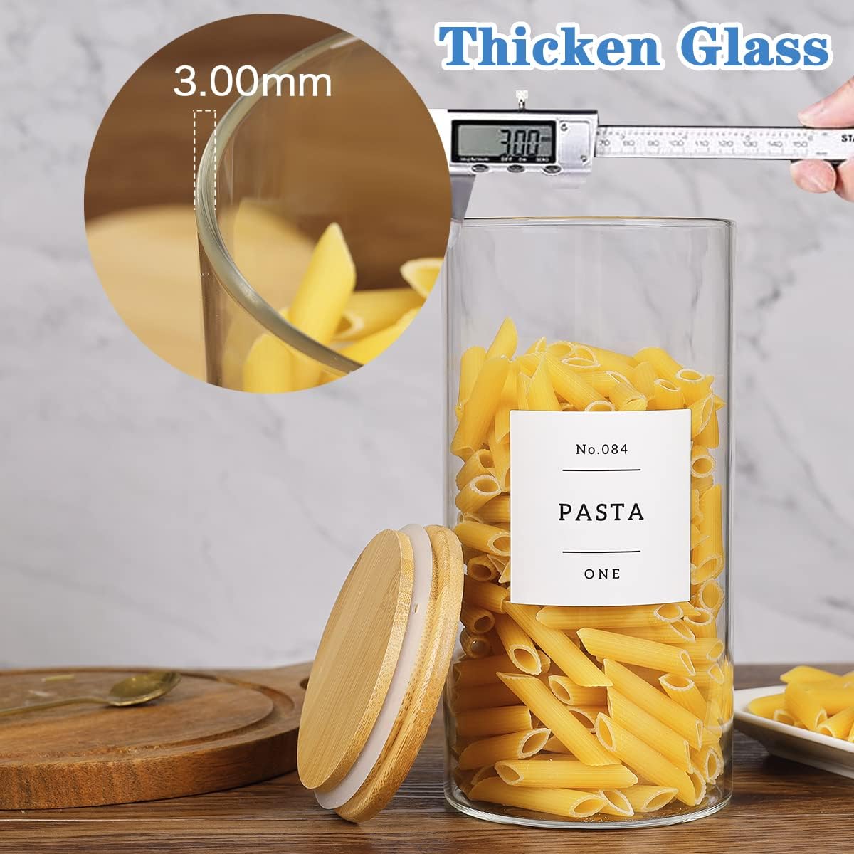 Large glass flour and sugar containers with 132 Kitchen Pantry Labels - 110 oz Glass Food Storage Containers with Airtight Lids - Square Glass Jars with Bamboo Lids for Rice, Pasta, Cookies, grain