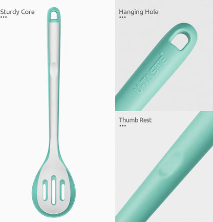 600ºF Heat Resistant Silicone Spoons: U-Taste 13.3in Solid & Slotted Kitchen Cooking Tool, Nonstick Long Rubber Utensil, Sturdy for Mixing, Serving, Stirring, Frying, Basting (Aqua Sky, 2PCS)