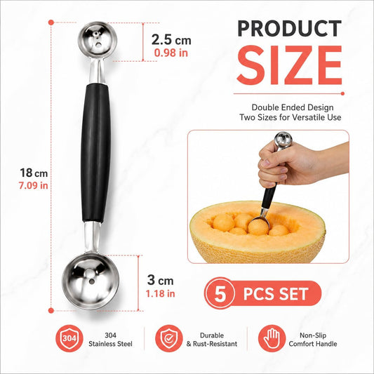 5-Piece Melon Baller Scoop Set, Stainless Steel Fruit Scooper with Ergonomic Handle, Professional Watermelon Scooper for Kitchen Use, Melon Baller Kit with Storage Case