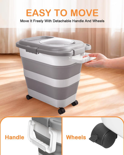 25-28 Lbs Dog Food Storage Container with Handle, Collapsible Dog Food Container with Airtight Lids, Wheels, Large Pet food storage Container for Dog Cat,Dog Food Scoop,Small Container