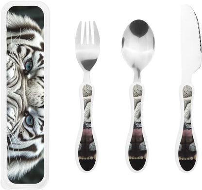 3-Piece Kids Silverware Set With Storage Case, Stainless Steel Reusable Children Safe Knife Spoon Fork Set Tropical Sunset Seaside Children Flatware Set For Kids Lunch Box