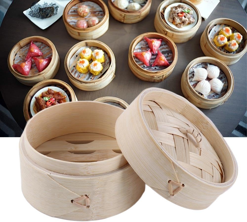 Natural Bamboo Steamer Basket, Traditional Chinese Food Steamer Basket with Lid for Kitchen Cooking Dumplings Vegetables Meat Fish Rice(3.93 * 1.18inch)
