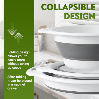 Collapsible Colanders Set, 3 Pack Food Strainers with Over-Sink Water Draining Base for Pasta Fruits and Vegetables