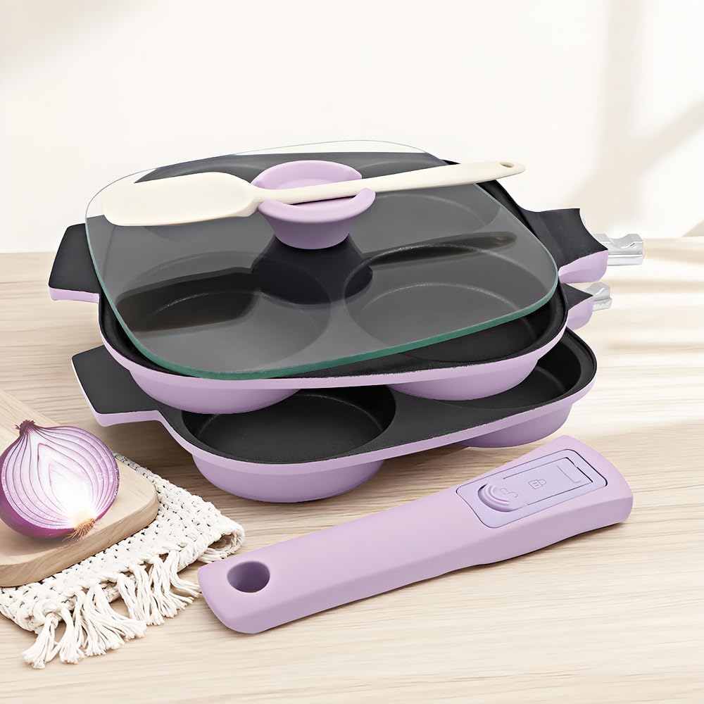 RANX INGST 4-Cup Egg Pan with Lid, Nonstick Omelette Skillet - Red