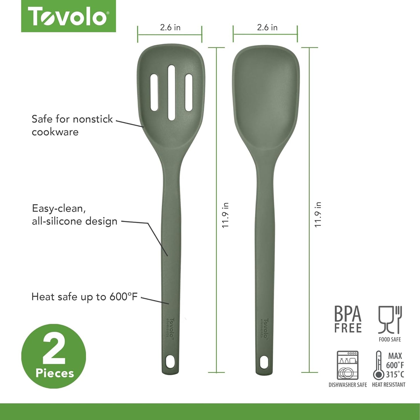 Tovolo Elements Silicone Spoon Set of 2 Mixing and Slotted Spoon Bundle for Non Stick Cooking Mixing Serving, Dishwasher Safe Heat Resistant Slotted Spoon and Mixing Serving Spoon, Oatmeal
