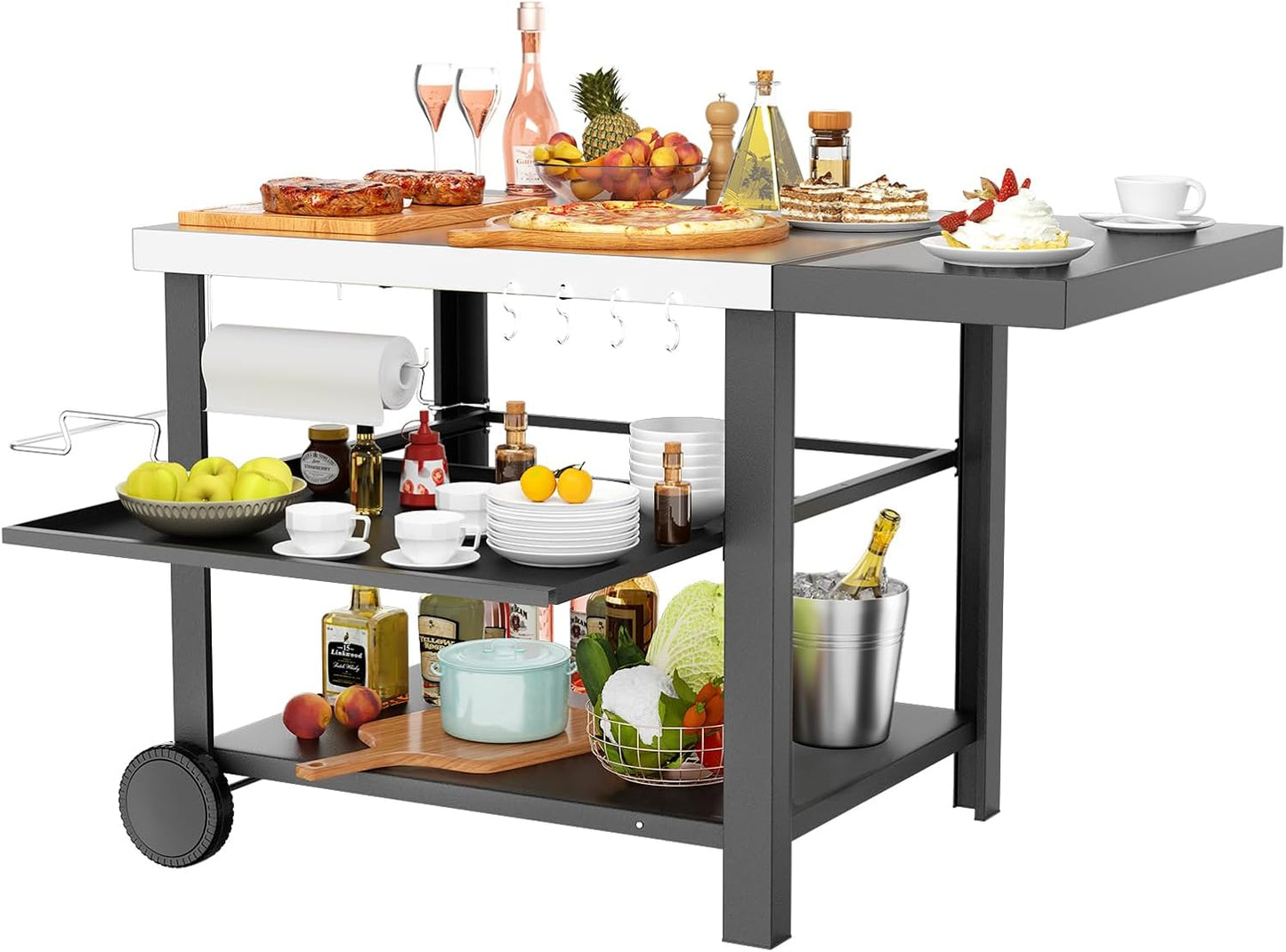 Upgraded Pizza Oven Cart Table for Ooni Koda/Karu/Fyra 16 & 12, Movable Thicken & Widen Rolling Kitchen Cart, Outdoor Grill Stand for Ninja Woodfire,Blackstone Griddle,Barbecue Tool Set