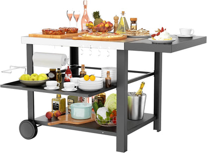 Upgraded Pizza Oven Cart Table for Ooni Koda/Karu/Fyra 16 & 12, Movable Thicken & Widen Rolling Kitchen Cart, Outdoor Grill Stand for Ninja Woodfire,Blackstone Griddle,Barbecue Tool Set