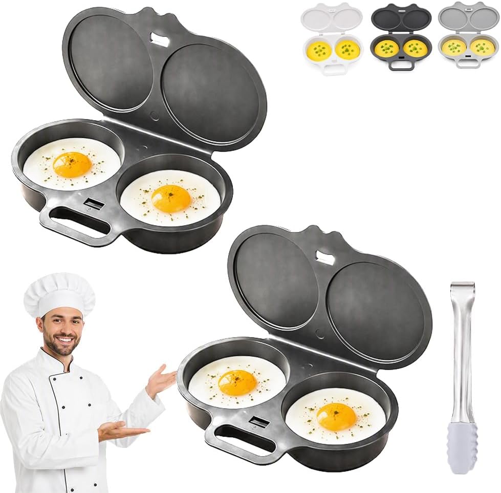 2 Pack Dual Cavity Microwave Egg Poacher with Lid & Handle，Black