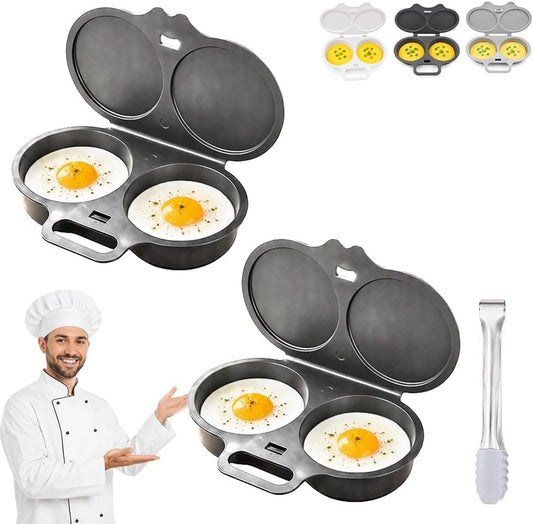2 Pack Dual Cavity Microwave Egg Poacher with Lid & Handle，Black