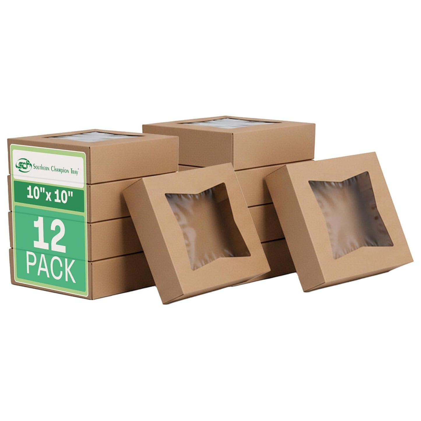 SCT Kraft Window Bakery Box (200 Pack) 10x10x2.5, Auto Pop-Up Bakery Carrier for Pies, Donuts, Pastries, Kraft with Clear Lid, 24233K