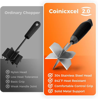 Meat Masher, 304 Stainless Steel Ground Beef Masher with Ergonomic Handle