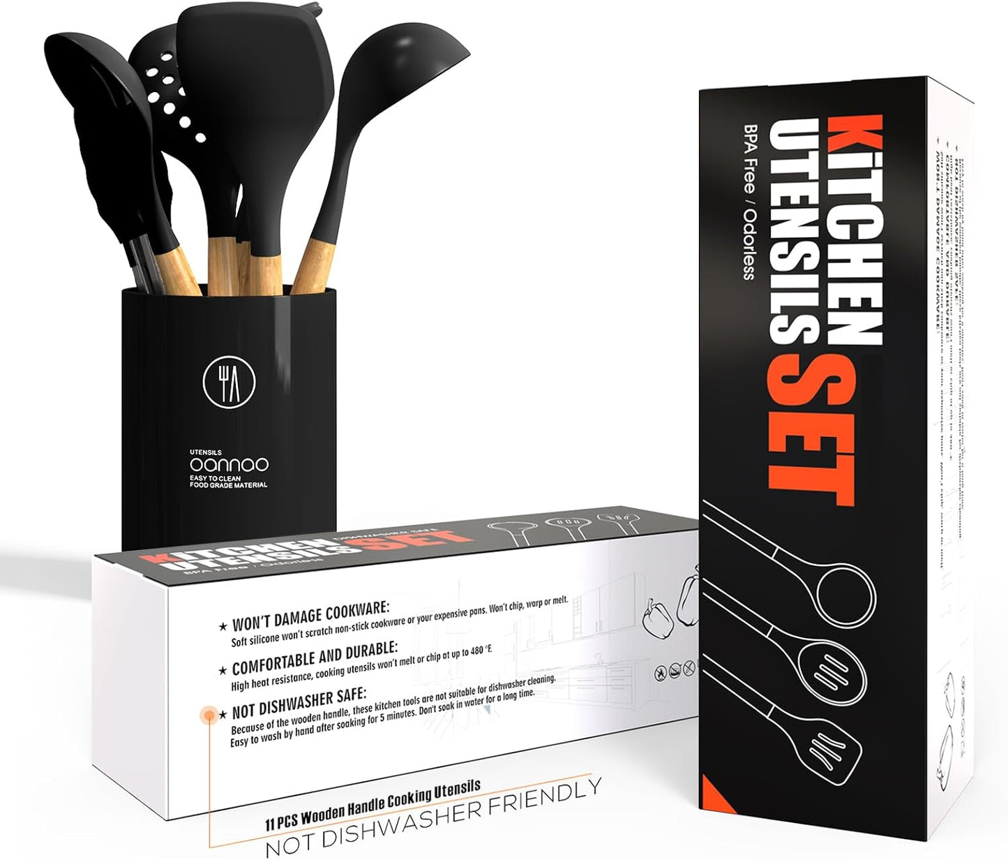oannao Silicone Cooking Utensils Set - 446°F Heat Resistant Silicone Kitchen Utensils for Cooking,Kitchen Utensil Spatula Set w Wooden Handles, BPA FREE Gadgets for Non-Stick Cookware (Khaki)