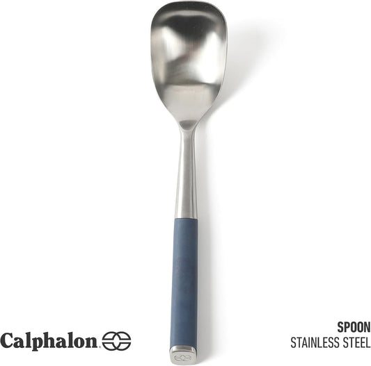 Calphalon Edge Cooking Spoon, Cooking Utensil Spoon, Stainless Steel Kitchen Spoon with Heat Resistanc Silicone Non-Slip Handle, Nonstick-Safe Basting Spoon,Durable Kitchen Utensil (Navy Blue)
