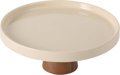 Gibson Elite 3-Section Stoneware Serving Tray with Acacia Lid – Taupe Rectangular Chip & Dip, Condiment, Snack and Appetizer Server for Parties & Entertaining