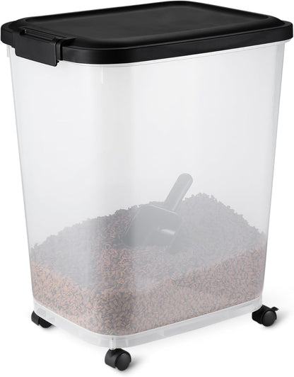 Amazon Basics Pet Food Storage Container with Rolling Wheels, BPA-Free, Detachable Scoop, 50lbs Capacity