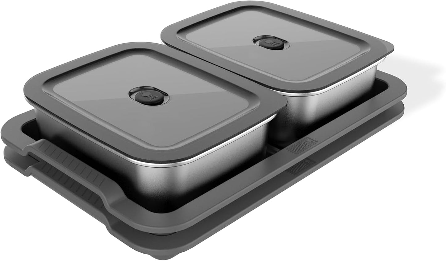 Weber Works Serving Tray – Drop‑in Grill Serving Set with Divided Trays & Stainless Steel Prep Containers with Airtight Vented Lids for Outdoor Cooking & Food Transport