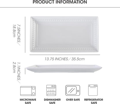 14 inch Ceramic Serving Platter - Rectangular Serving Trays Set of 4, Large Embossed Plates, Porcelain White Platters for Steak, Appetizer, Dessert, Tacos, Housewarming, Oven Dishwasher Safe