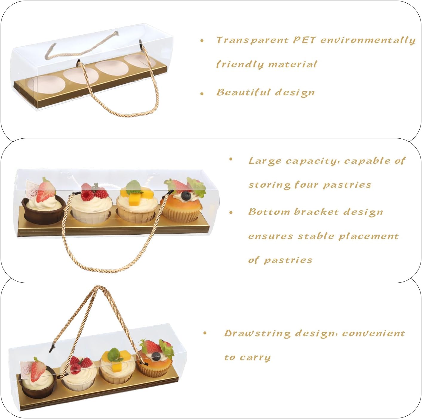 Clear Cupcake Boxes with Handle, 24 Pcs 4 Bakery Cake Boxes, Rectangular Cupcake Containers, Transparent Treat Boxes, Gift Boxes for Wedding Party, Dessert Packaging,12 x 3 x 3 Inch (Gold)