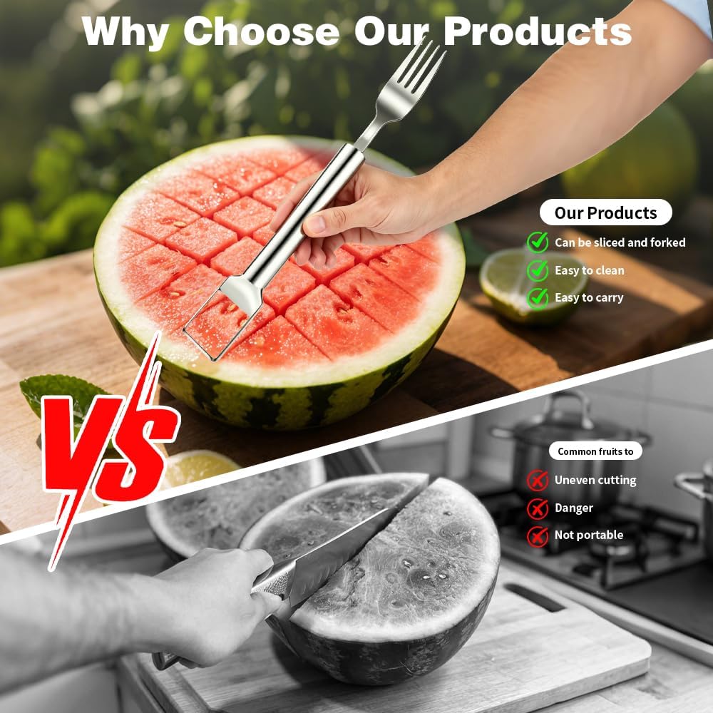 Watermelon Slicer 4pcs 2-in-1 Foldable Stainless Steel Fruit Cutter & Fork, Suitable For Watermelon, Mango,Pineapple, And Other Fruits That Need To Be Cut Into Chunks