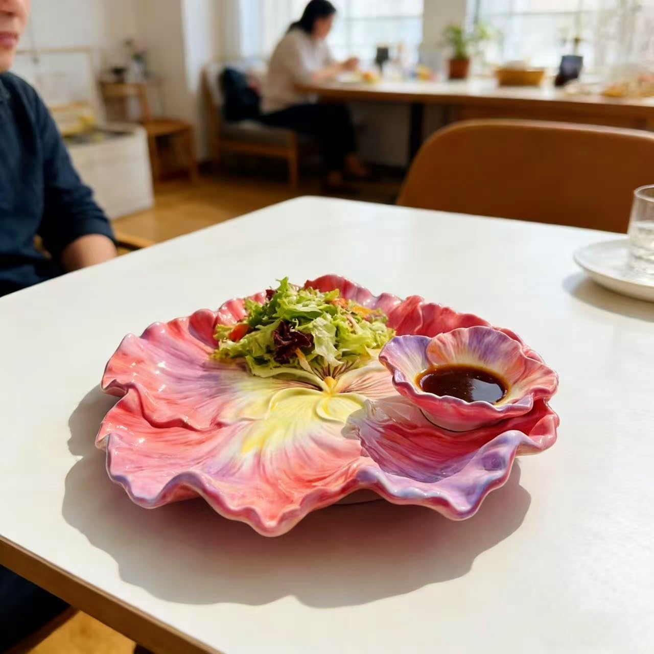 11 Inch Ceramic Chip & Dip Serving Tray | Double Layer Hand-Painted Coral Pansy Plate | Divided Appetizer Platter for Salsa, Veggies & Snacks