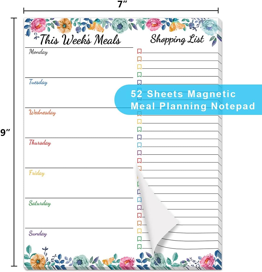 Fancy Land Weekly Meal Planner - Floral Magnetic Notepads for Refrigerator Meal Planning Pad with Tear Off Grocery List 52 weeks 7” X 9”