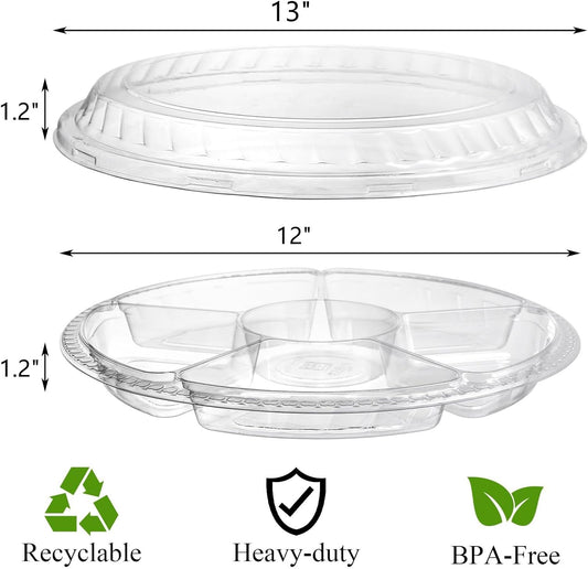 Lawei 30 Pack Plastic Appetizer Tray with Clear Lid, Stackable Round Serving Party Tray, 12 In Banquet Catering Fruit Vegetable Trays, Reusable 6 Divided Food Snack Dip Platter for Outdoor Buffet