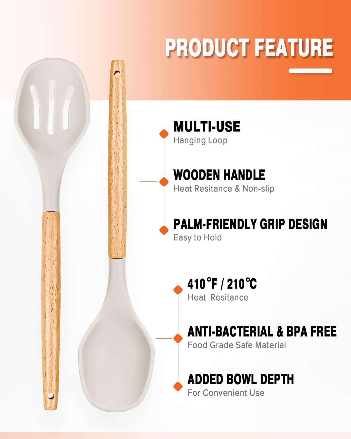 Large Silicone Cooking Spoons, 2 Pack Nonstick Solid and Slotted Wooden handle Spoon Set, Heat Resistan Silicone Kitchen Spoons for Cooking, Serving, Basting, Mixing (Khaki)