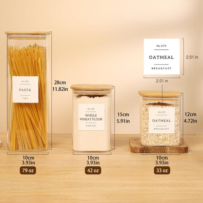 2 Pack large Square Glass Flour and Sugar Containers with 132 Kitchen Pantry Labels - 149 floz & 71 floz - Glass Jars with Airtight Bamboo Lid - Glass Rice Canisters for Coffee, Pasta, Cookie, Cereal