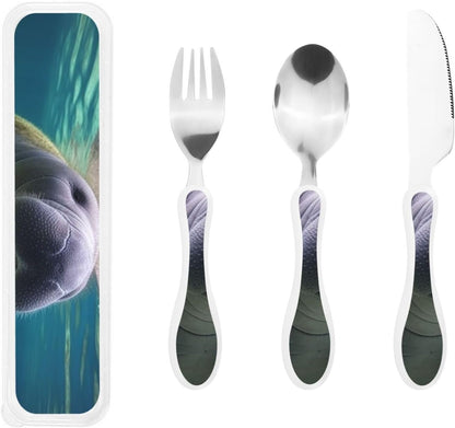 3-Piece Kids Silverware Set With Storage Case, Stainless Steel Reusable Children Safe Knife Spoon Fork Set Ocean Sea Animal Shark Children Flatware Set For Kids Lunch Box