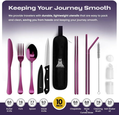 Taplord Portable Travel Silverware Set With Case, Includes 10 Pcs of Travel Utensils With Case, Stainless Steel Flatware Set For Camping, Lightweight (Multi-Color)
