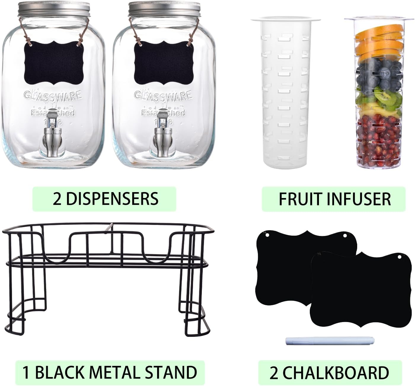 1 Gallon Drink Dispenser with Stand,2 Pack Beverage Dispenser with Stand,Glass Water Juice Dispensers Punch Bowl for Parties