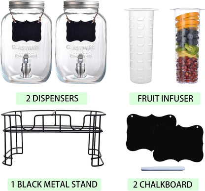 1 Gallon Drink Dispenser with Stand,2 Pack Beverage Dispenser with Stand,Glass Water Juice Dispensers Punch Bowl for Parties