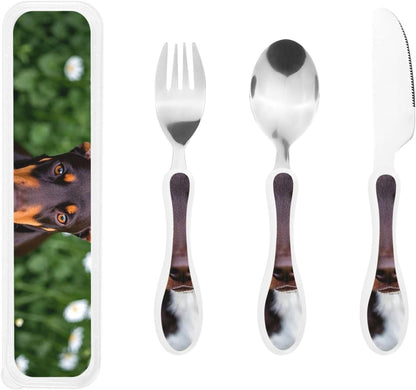 3-Piece Kids Silverware Set With Storage Case, Stainless Steel Reusable Children Safe Knife Spoon Fork Set Cute Puppy Children Flatware Set For Kids Lunch Box