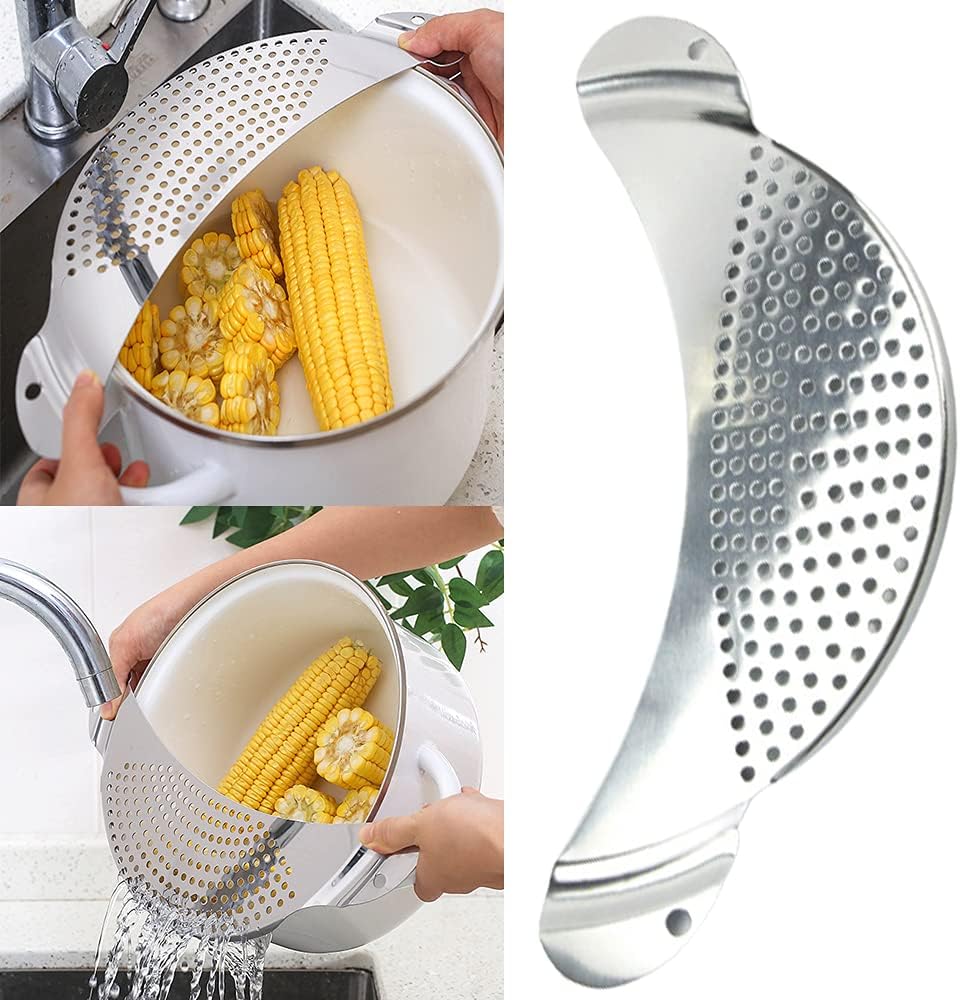 Half‑Moon Stainless Steel Pan Strainer, Pot Drainer for Cookware