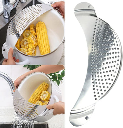 Half‑Moon Stainless Steel Pan Strainer, Pot Drainer for Cookware