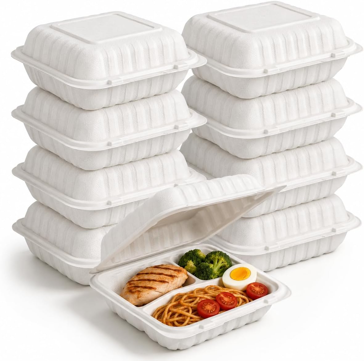 50Pack 8" X 8" 3-Compartment Clamshell To Go Food Containers With Secure Snap Lids - Heavy Duty Take out Containers Disposable To Go Plate For Carryout Meal Prep Catering (Black 3-Compartment)