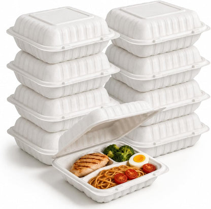 50Pack 8" X 8" 3-Compartment Clamshell To Go Food Containers With Secure Snap Lids - Heavy Duty Take out Containers Disposable To Go Plate For Carryout Meal Prep Catering (Black 3-Compartment)