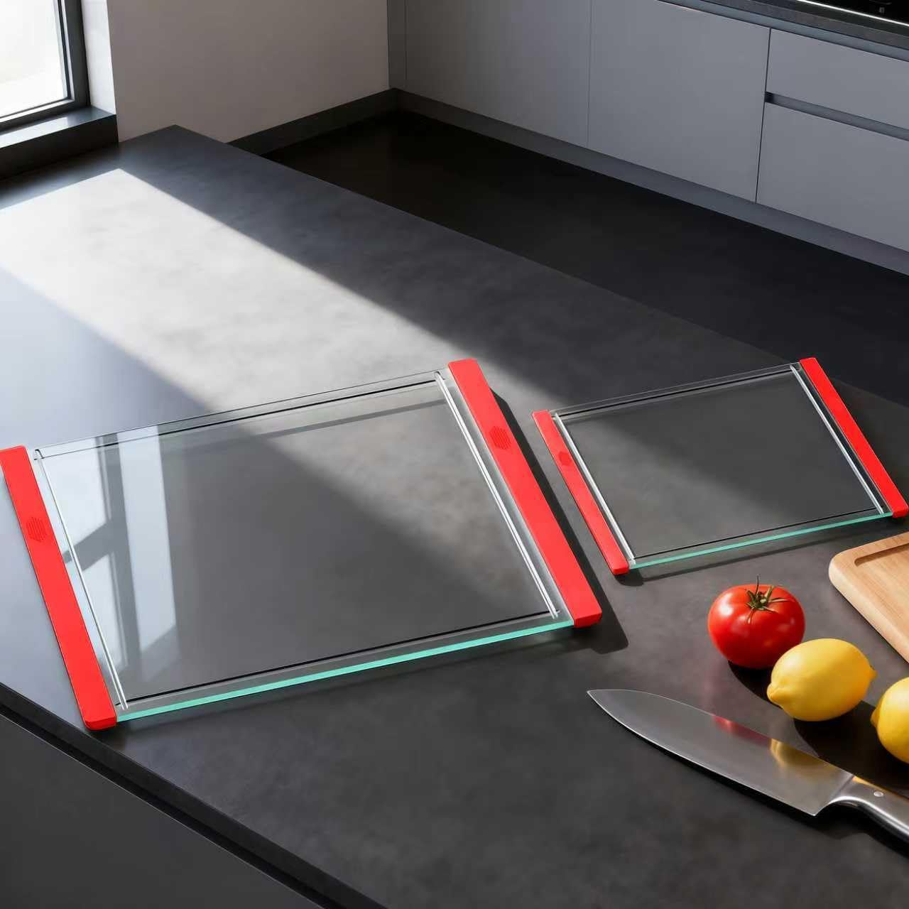Tempered Glass Cutting Board Set for Kitchen Counter - Dishwasher Safe with Juice Grooves, Non-Slip Silicone Edges & Beveled Grip - 16"x12" & 12"x8" Serving Tray (Blue)
