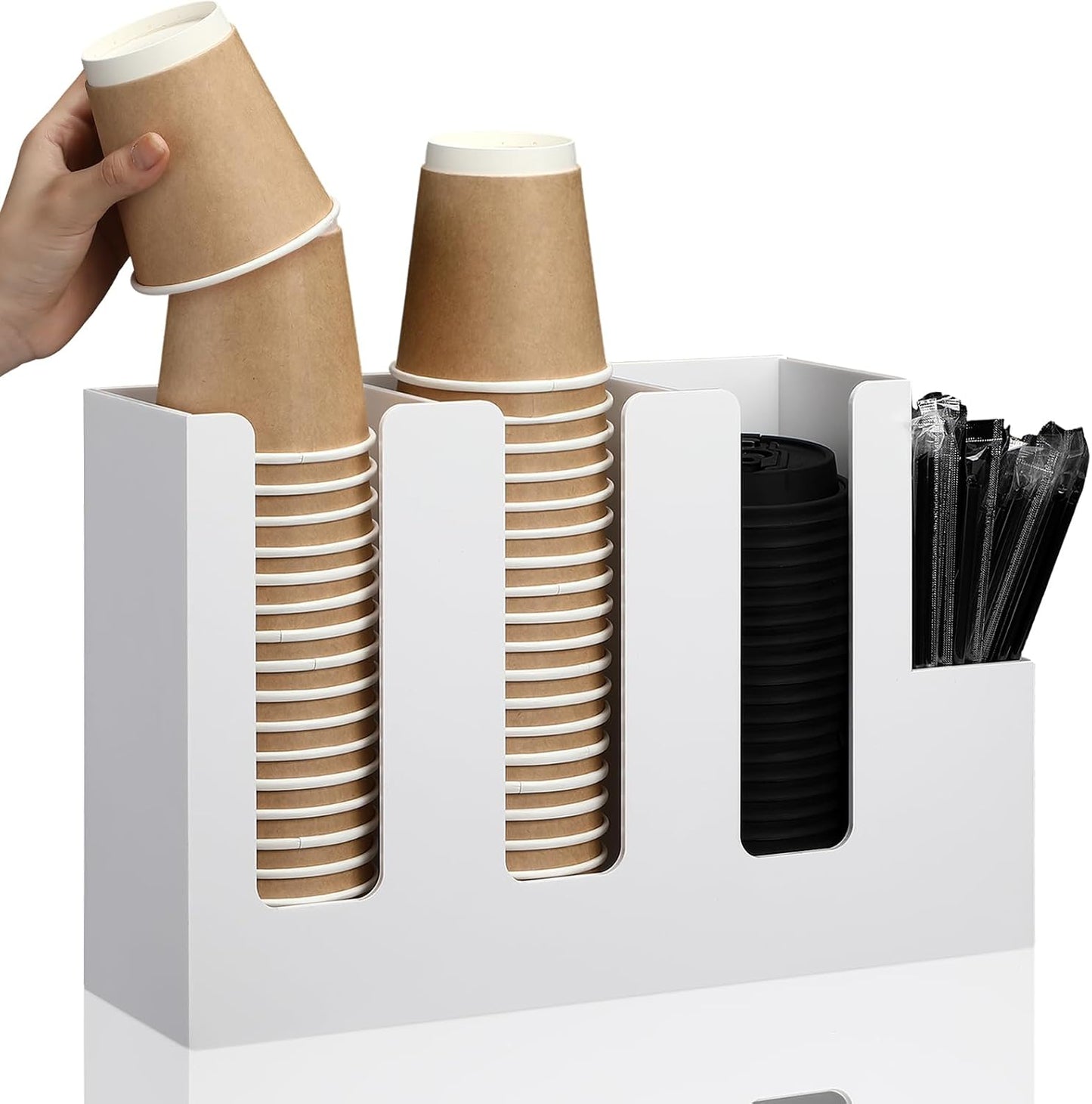 Cunhill 4 Compartments Acrylic Coffee Cup and Lid Storage Organizer Holder Disposable Paper Cup Dispenser Organizer Plastic Lid Holder Accessories for Kitchen Bar Shop Party Supplies(Transparent)
