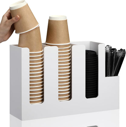 Cunhill 4 Compartments Acrylic Coffee Cup and Lid Storage Organizer Holder Disposable Paper Cup Dispenser Organizer Plastic Lid Holder Accessories for Kitchen Bar Shop Party Supplies(Transparent)