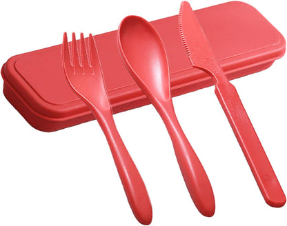 Reusable Utensils Set with Case, Wheat Straw Portable Spoon and Fork Set, Plastic Work School Kids Adults or Daily Use Cutlery Set - for Lunch Box Use Outdoor (Red)