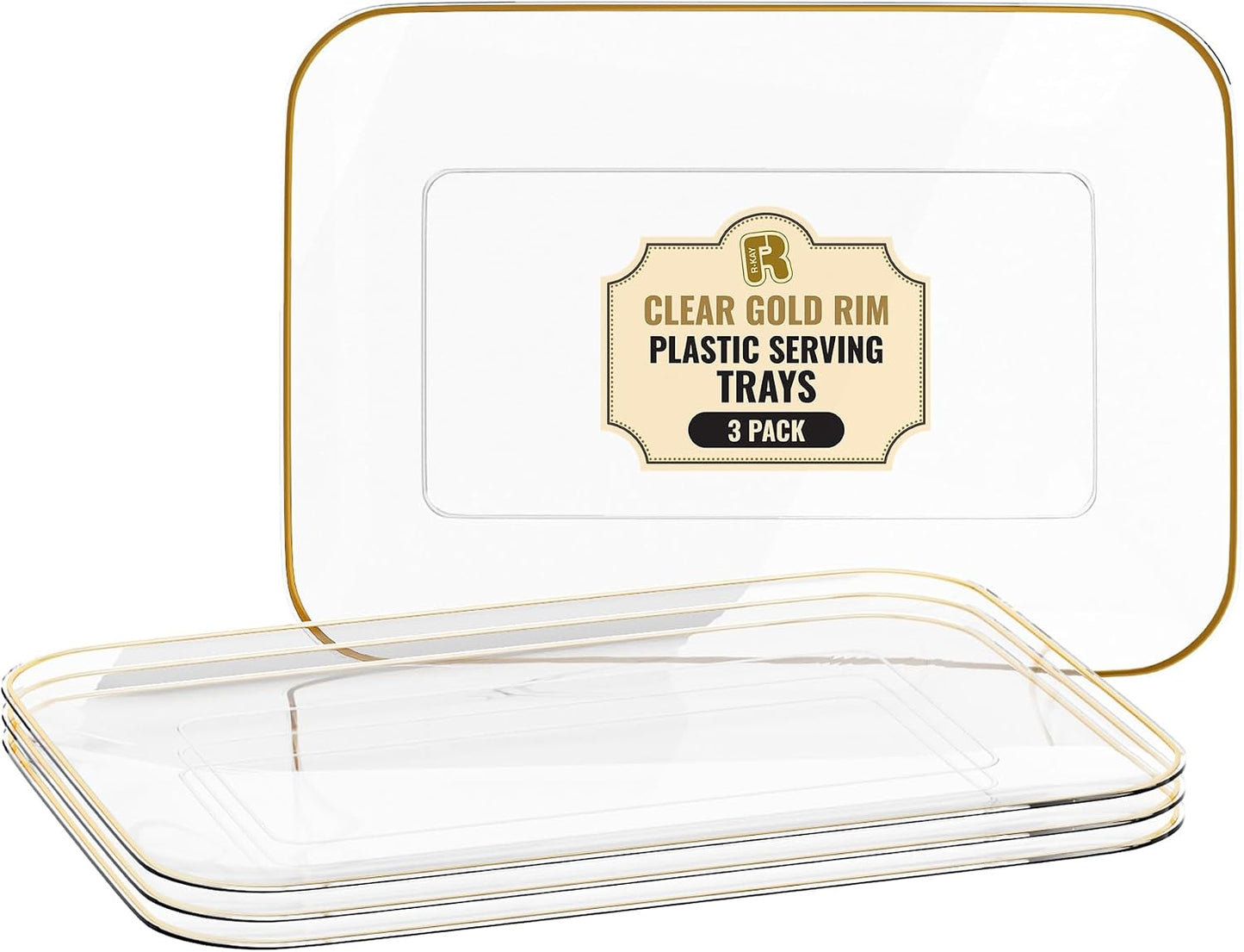 R-kay 3 Pack White Plastic Serving Trays for Party - Rectangular, 8 by 11 in, Heavy Duty Dessert Trays for Food