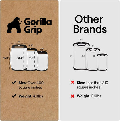 GORILLA GRIP BPA-Free Reversible Kitchen Cutting Board Set of 3, US Designed, Nonporous, Juice Grooves Catch Liquid, Slip Resistant Border, Dishwasher Safe, Durable Large Food Chopping Boards, Black