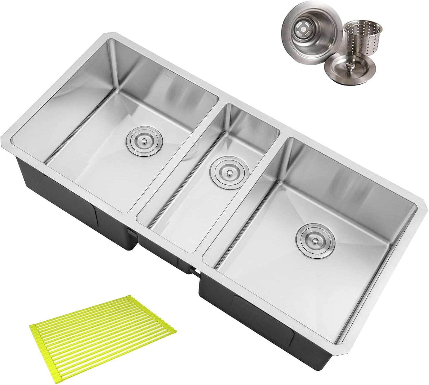 42 in. x 20 in. x 10 in. 16-Gauge Stainless Steel Undermount Triple Bowl Kitchen Sink with Collapsible Colander Set and Strainer