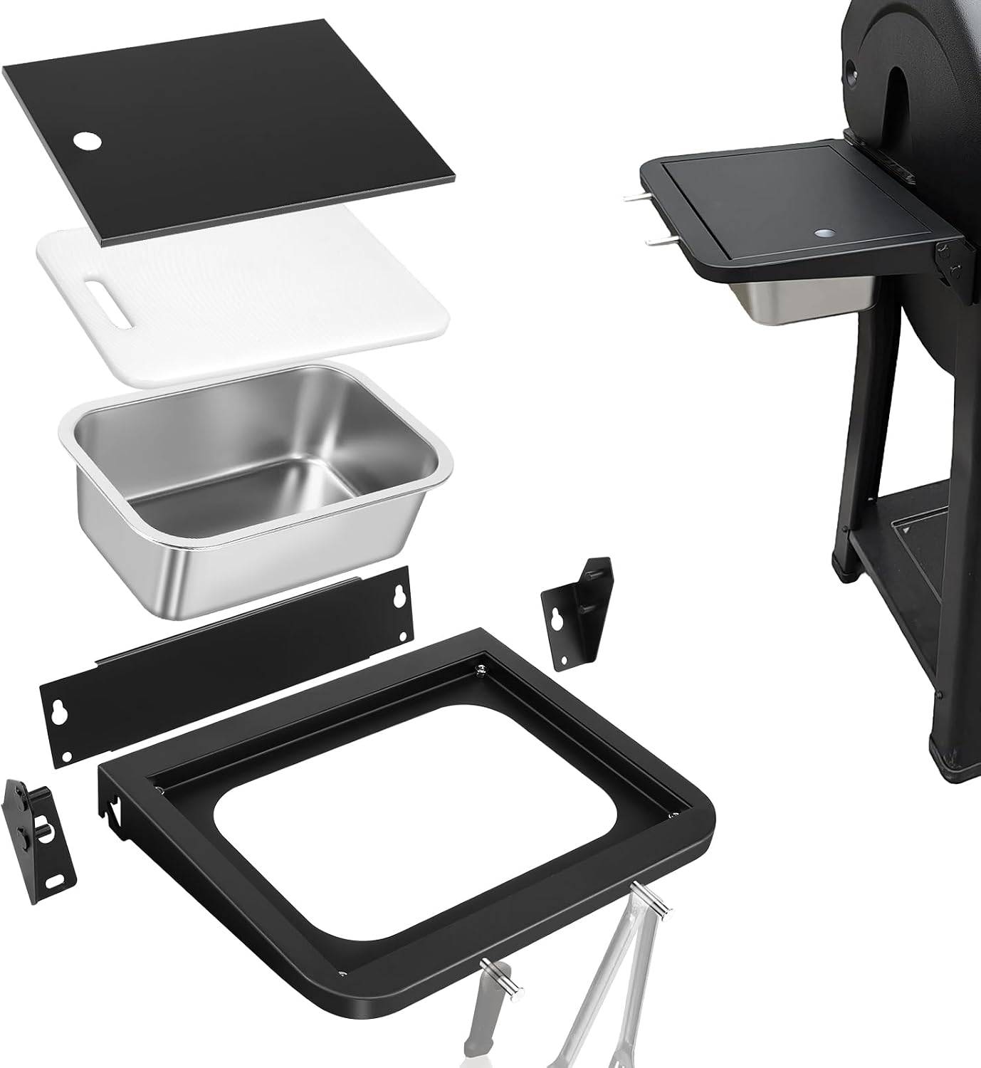 QuliMetal Folding Front Shelf for Traeger Pro 34, Texas Elite 34, Century 885 and Eastwood 34, 37" x 12" Heavy-Duty Grill Prep Table with Cutting Board, Stainless Steel Basin, Lid and 5 Hooks